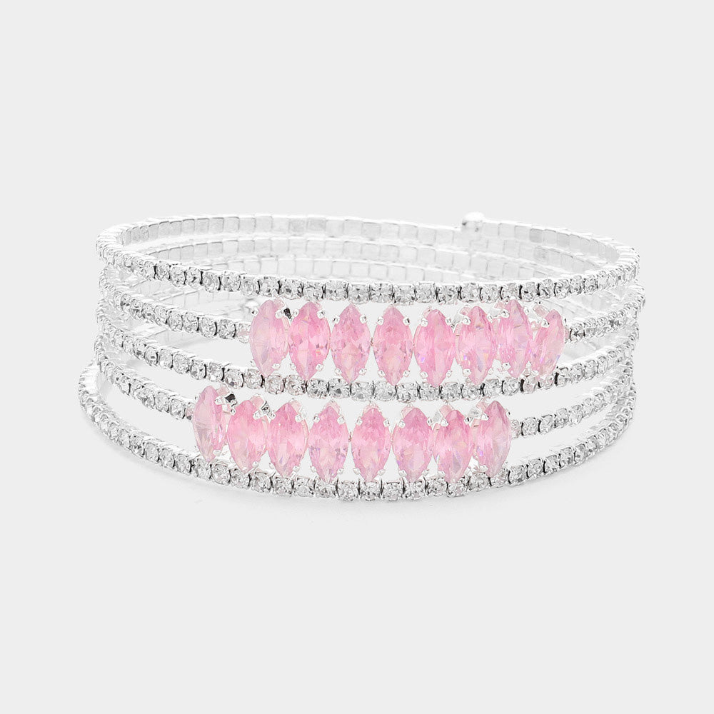 Madeline Love Pink, Silver CZ Marquise Stone Accented Rhinestone Paved Adjustable Evening Bracelet - Bracelets