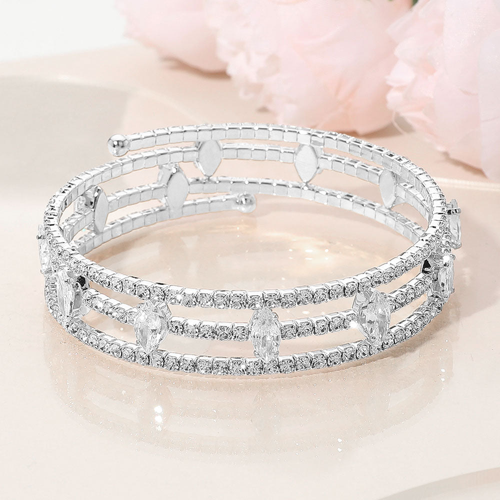 Madeline Love Clear, Silver Marquise CZ Stone Cluster Accent Triple Row Adjustable Evening Wrap Bracelet - Bracelets
