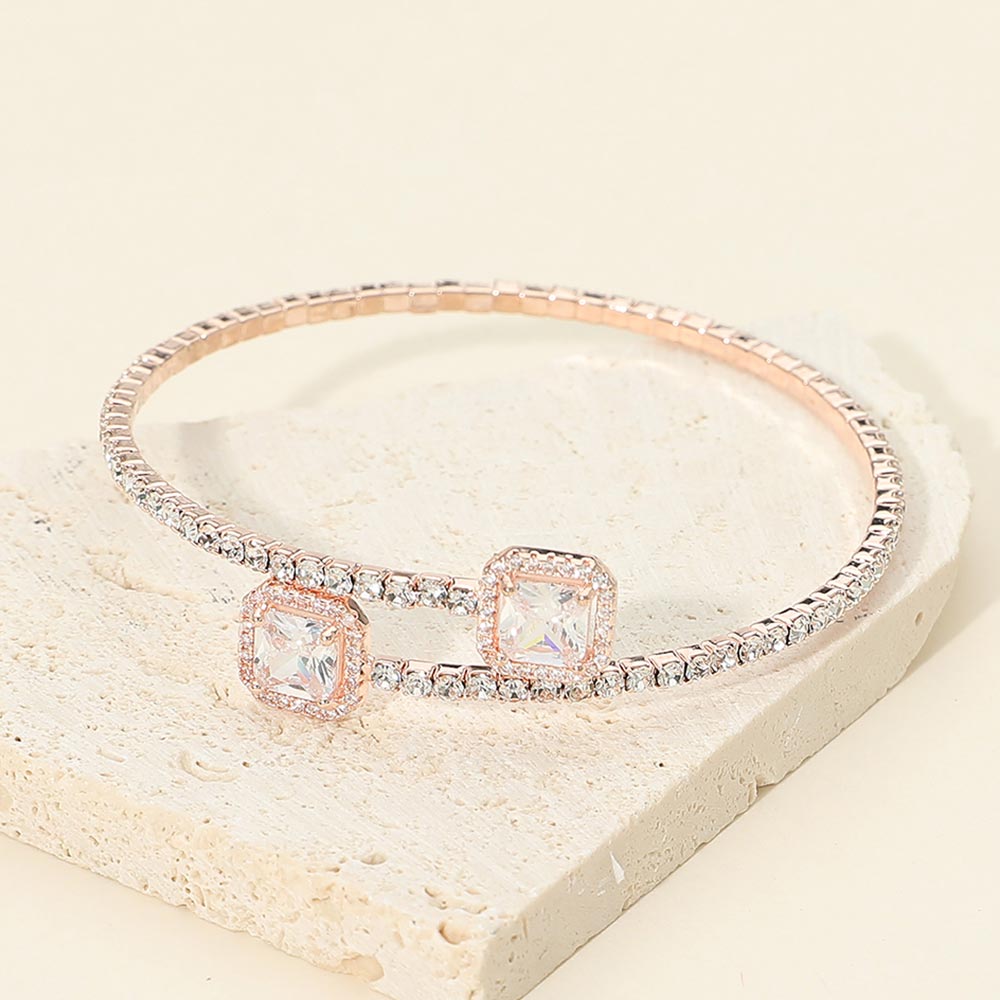Madeline Love Clear, Rose Gold CZ Square Stone Tip Rhinestone Paved Evening Bracelet