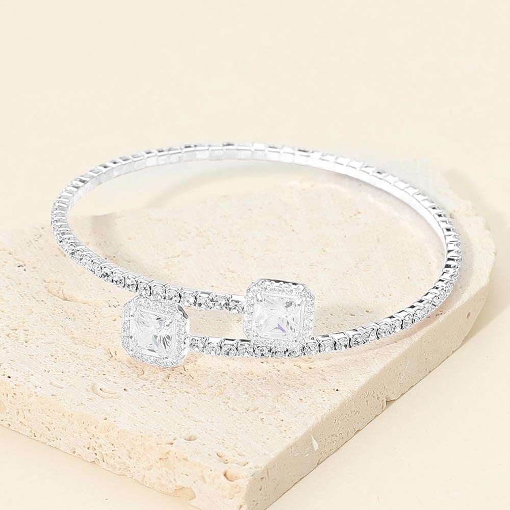 Madeline Love Clear, Silver CZ Square Stone Tip Rhinestone Paved Evening Bracelet