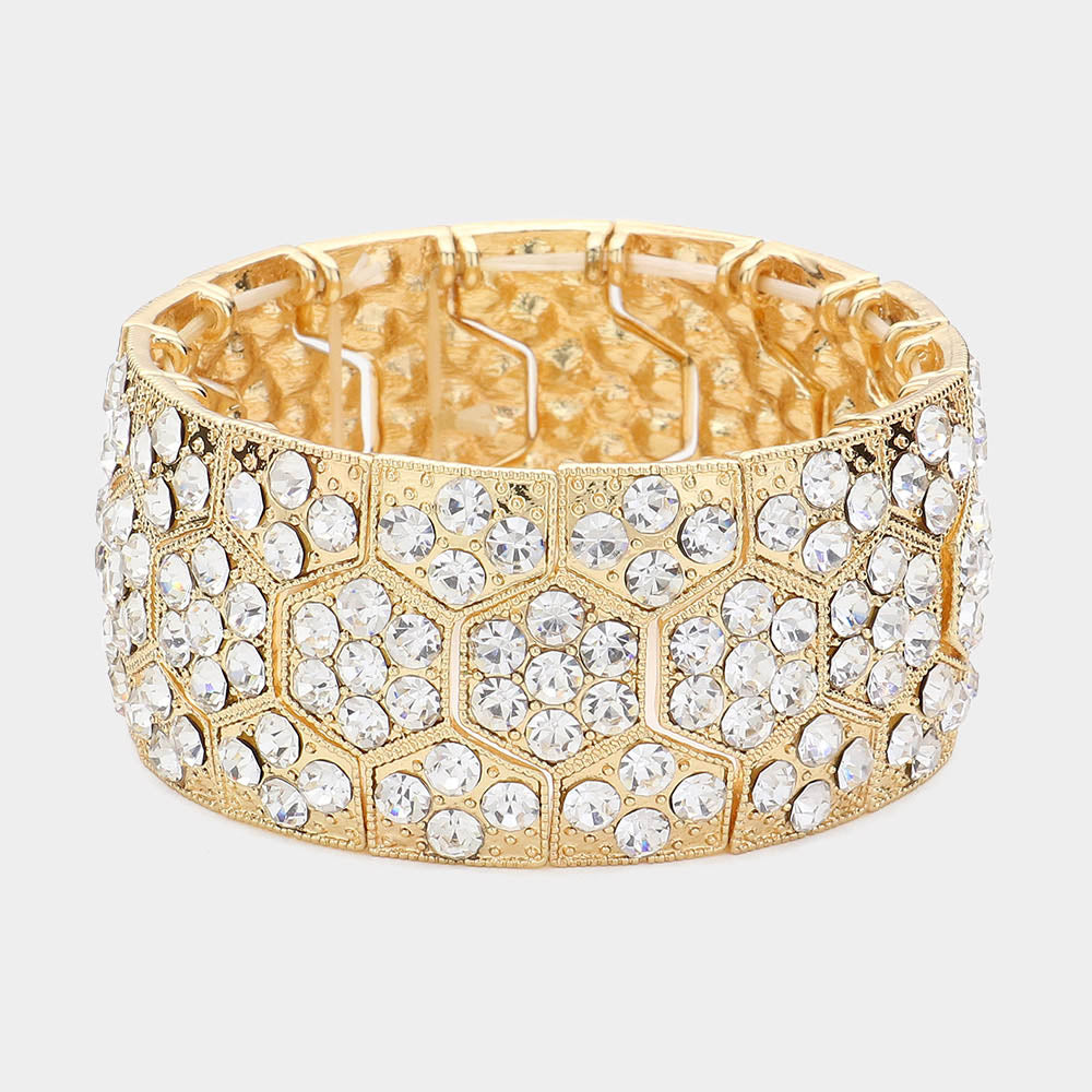 Madeline Love Clear, Gold Crystal Rhinestone Paved Honey Comb Evening Stretch Bracelet