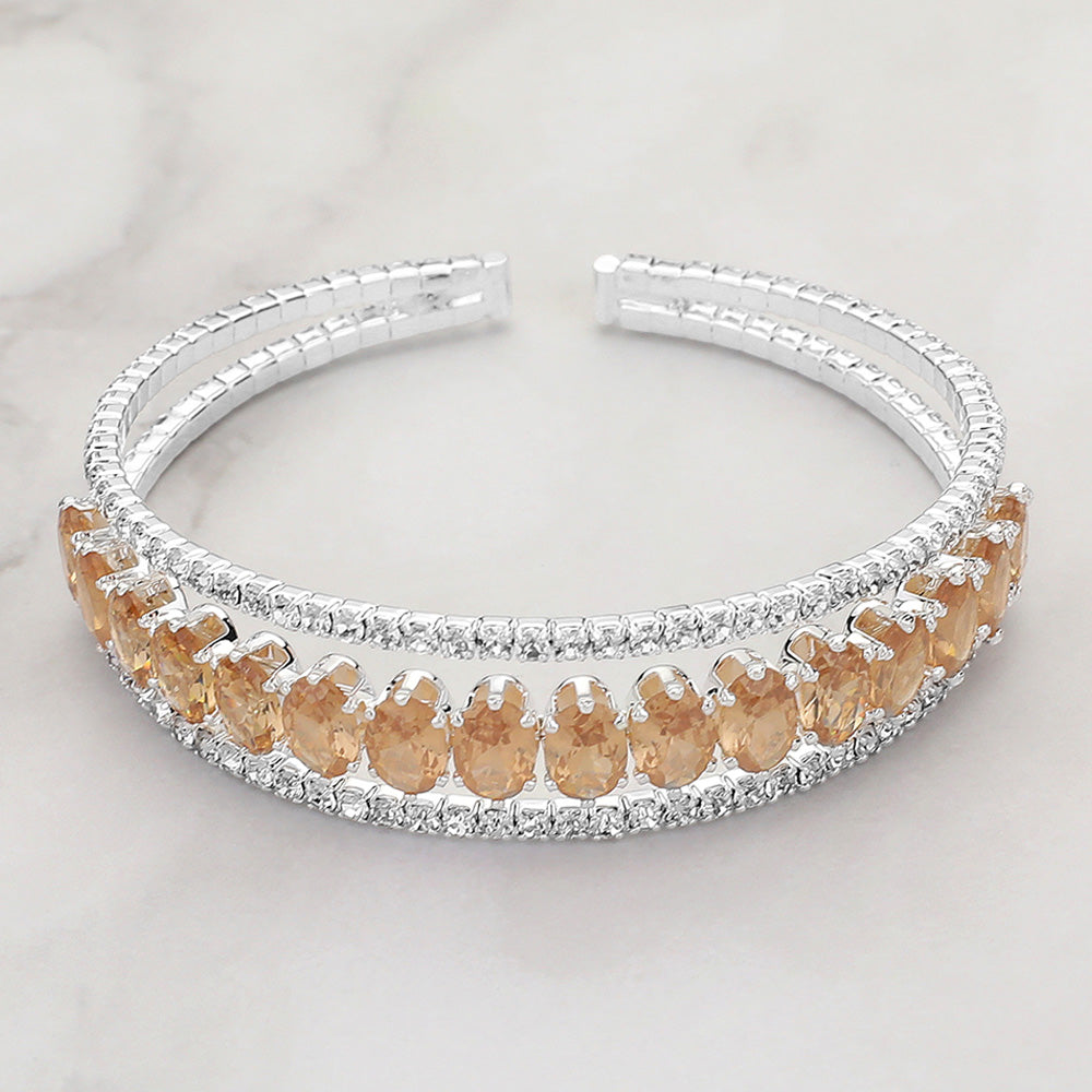Madeline Love Clear, Lt Col Topaz, Silver CZ Oval Stone Accented Evening Cuff Bracelet