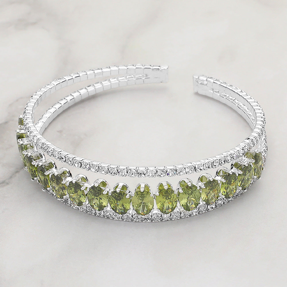 Madeline Love Clear, Peridot, Silver CZ Oval Stone Accented Evening Cuff Bracelet