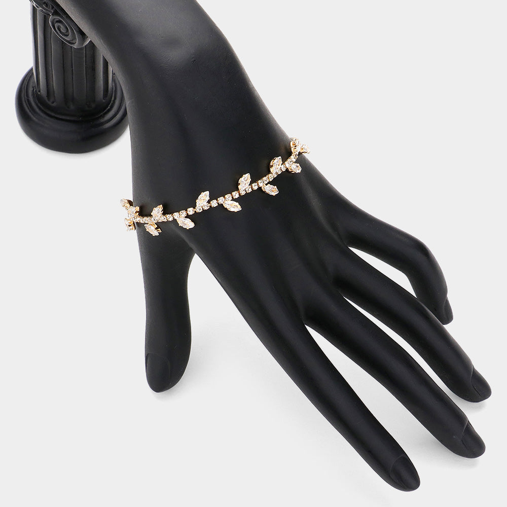 Madeline Love Clear, Gold Marquise CZ Stone Cluster Pointed Leaf Vine Adjustable Pull Tie Bracelet - Bracelets