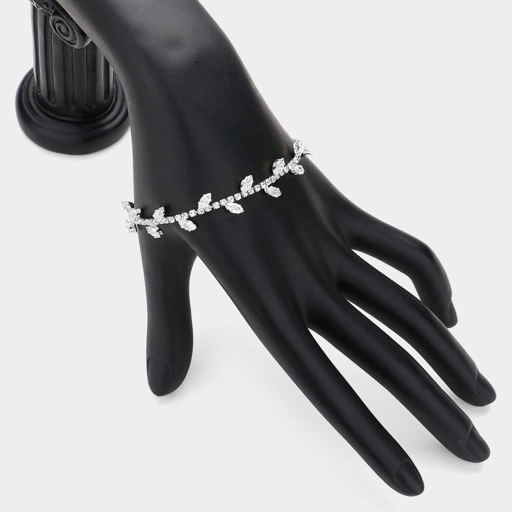 Madeline Love Clear, Silver Marquise CZ Stone Cluster Pointed Leaf Vine Adjustable Pull Tie Bracelet - Bracelets