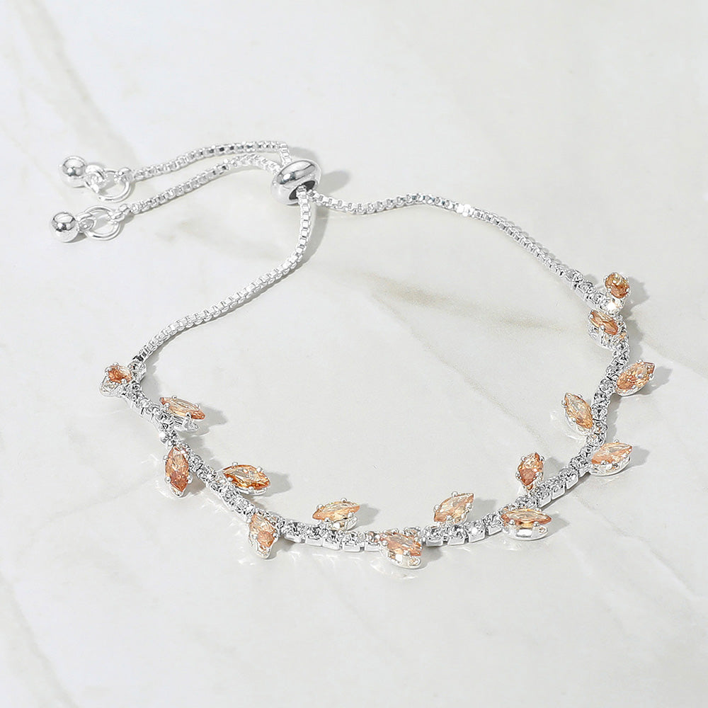 Madeline Love Clear, Silver, Topaz Marquise CZ Stone Cluster Pointed Leaf Vine Adjustable Cinch Pull Tie Bracelet - Bracelets