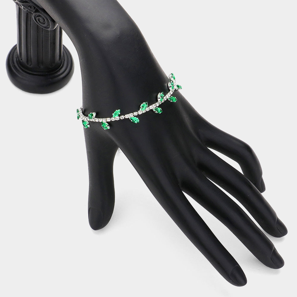 Madeline Love Emerald, Silver Marquise CZ Stone Cluster Pointed Leaf Vine Adjustable Pull Tie Bracelet - Bracelets