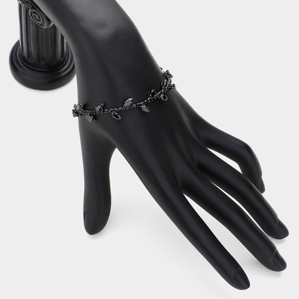 Madeline Love Jet Black Marquise CZ Stone Cluster Pointed Leaf Vine Adjustable Pull Tie Bracelet - Bracelets