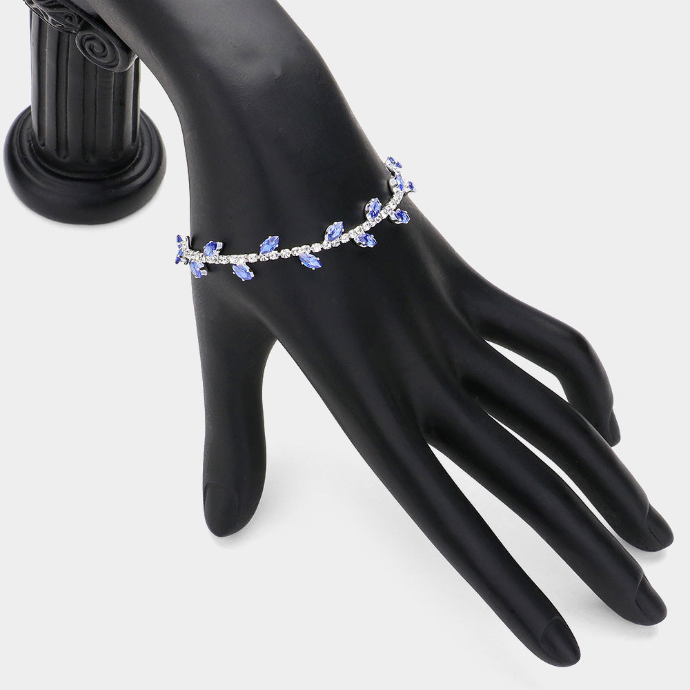 Madeline Love Sapphire, Silver Marquise CZ Stone Cluster Pointed Leaf Vine Adjustable Pull Tie Bracelet - Bracelets