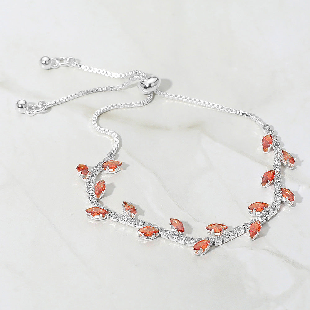 Madeline Love Siam, Silver Marquise CZ Stone Cluster Pointed Leaf Vine Adjustable Cinch Pull Tie Bracelet - Bracelets