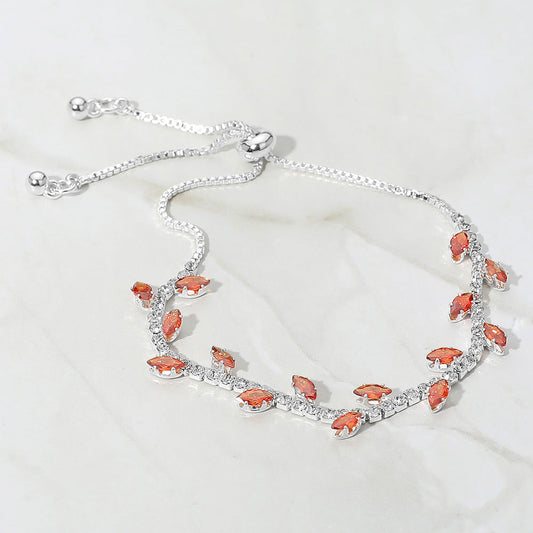 Madeline Love Siam, Silver Marquise CZ Stone Cluster Pointed Leaf Vine Adjustable Cinch Pull Tie Bracelet - Bracelets
