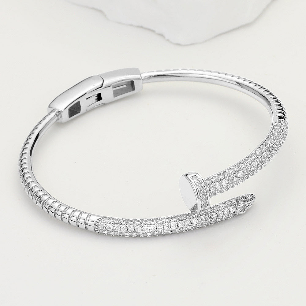 Madeline Love Rhodium CZ Stone Paved Nail Hinged Bangle Bracelet - Bracelets