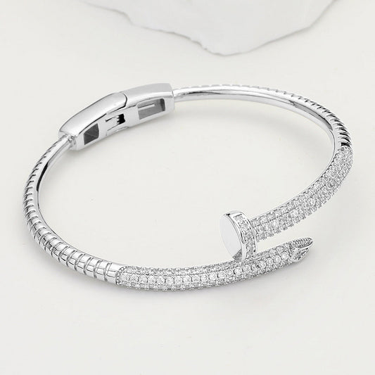 Madeline Love Rhodium CZ Stone Paved Nail Hinged Bangle Bracelet - Bracelets