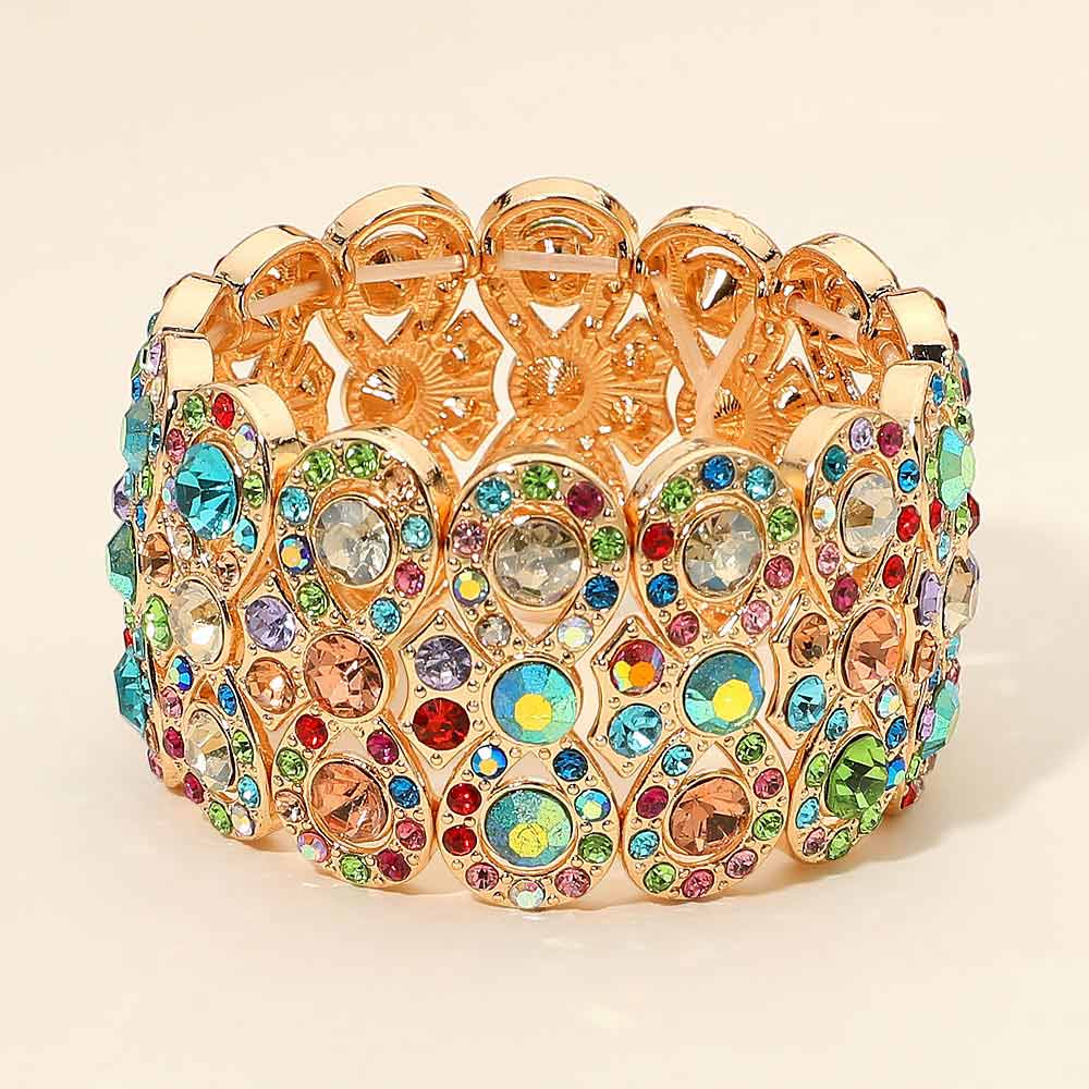 Madeline Love Gold, Multi Rhinestone Embellished Wide Stretch Evening Bracelet