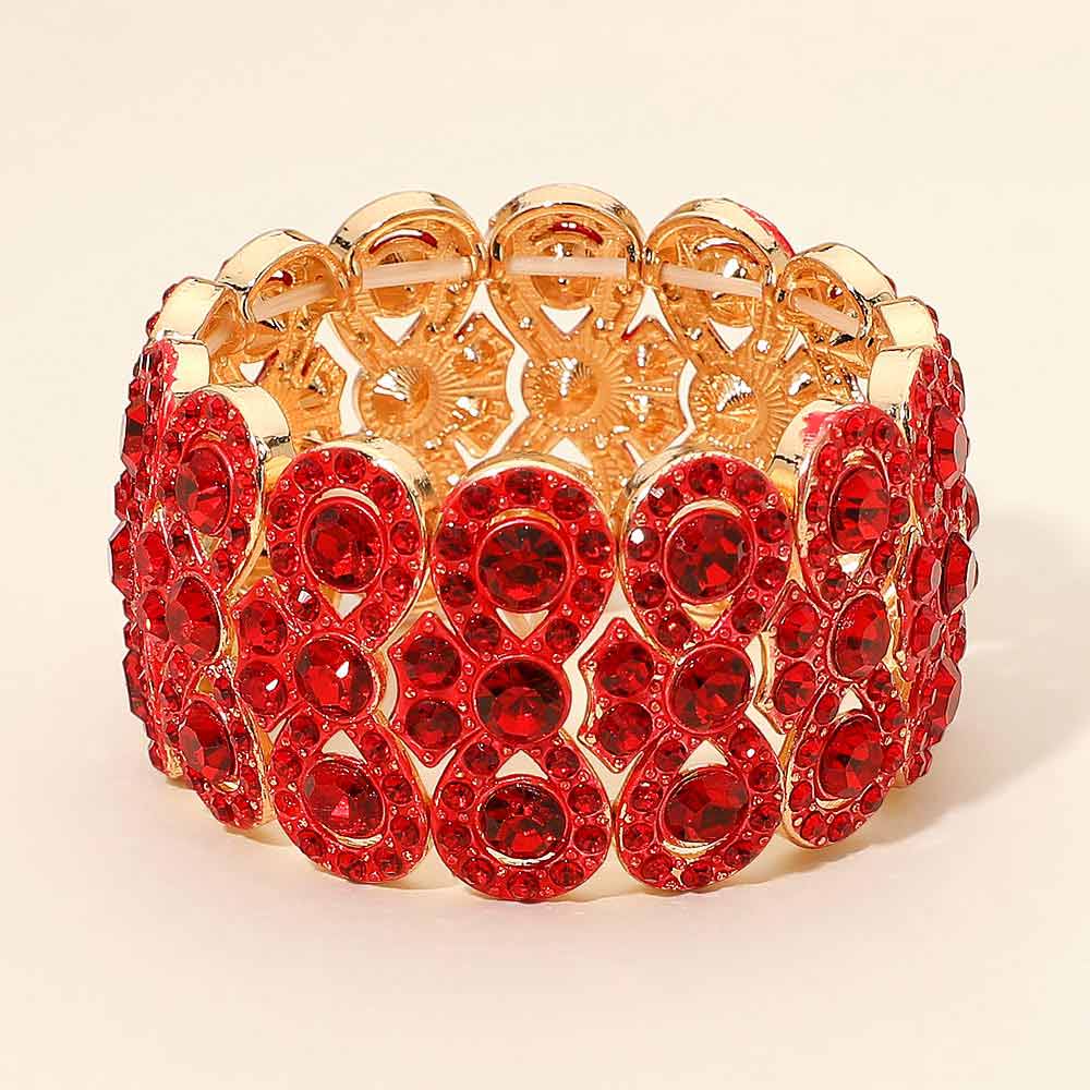 Madeline Love Gold, Red Rhinestone Embellished Wide Stretch Evening Bracelet