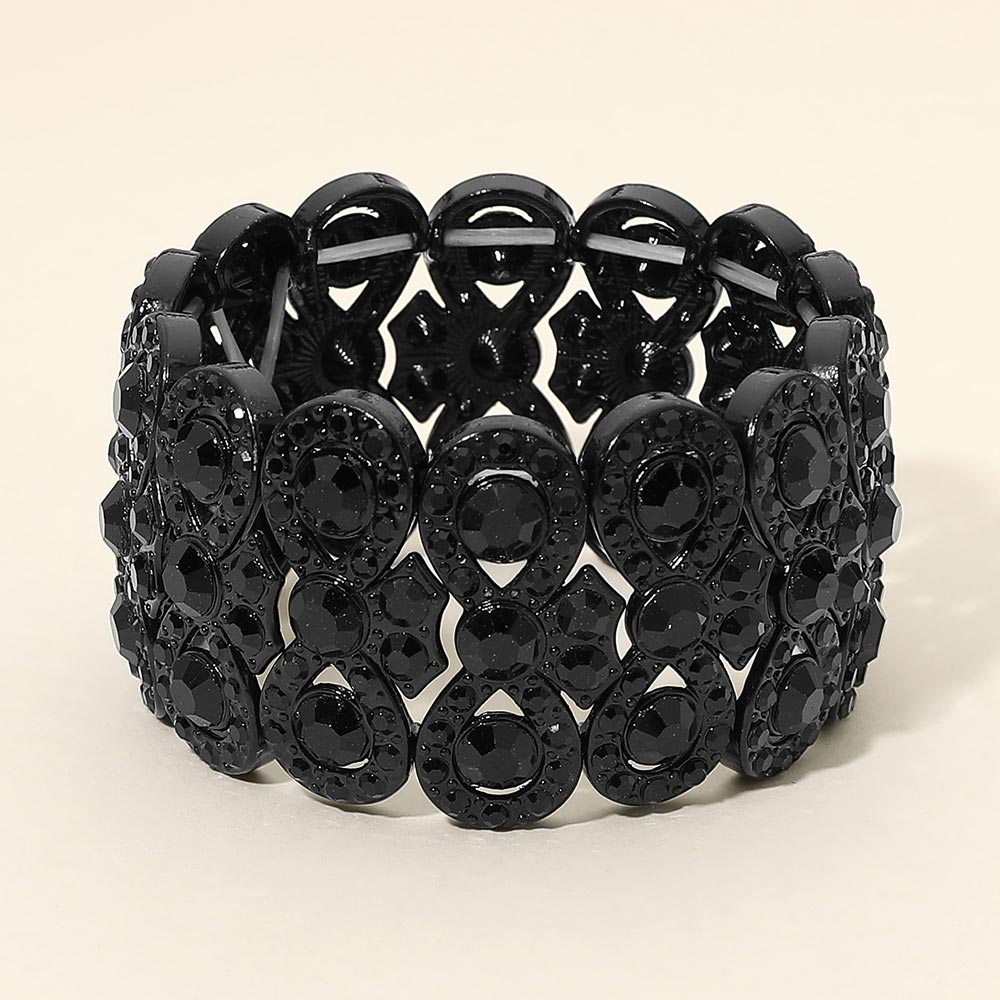 Madeline Love Jet Black Rhinestone Embellished Wide Stretch Evening Bracelet