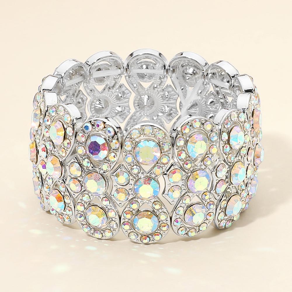 Madeline Love AB, Silver Rhinestone Embellished Wide Stretch Evening Bracelet