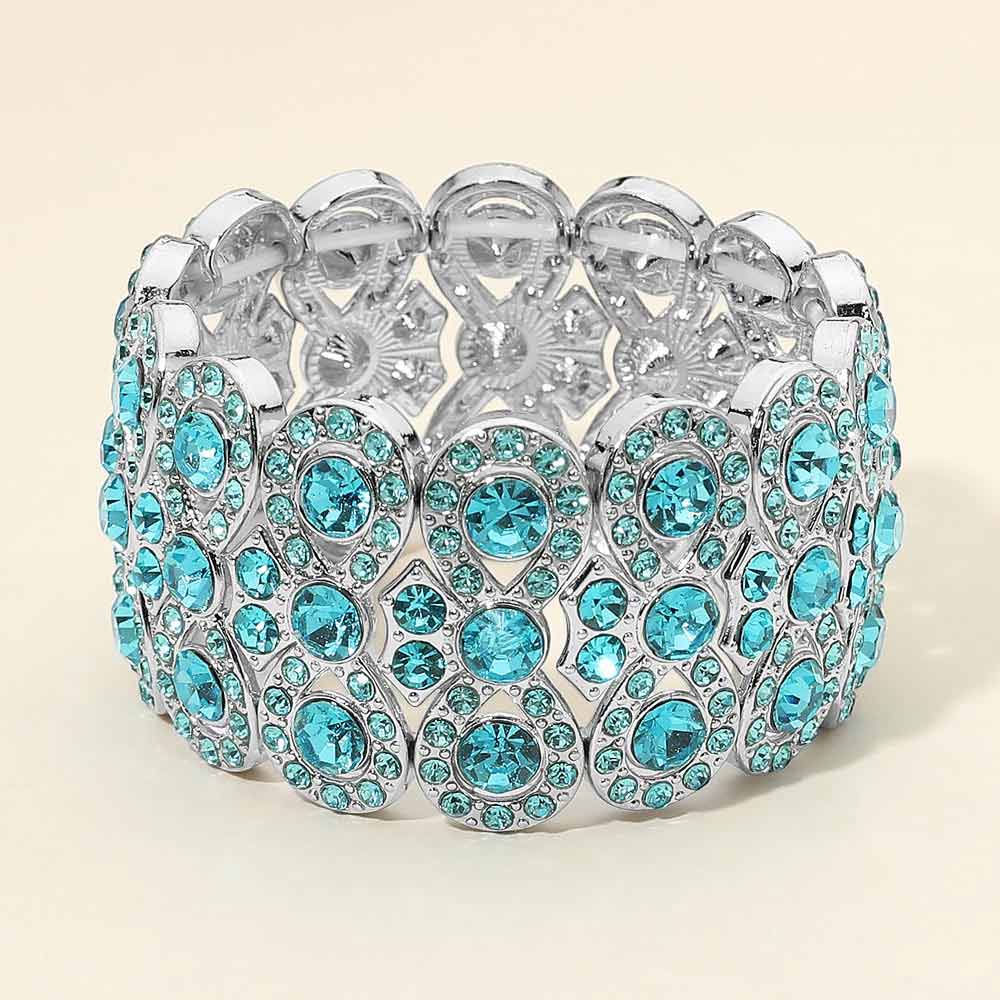 Madeline Love Aqua, Silver Rhinestone Embellished Wide Stretch Evening Bracelet