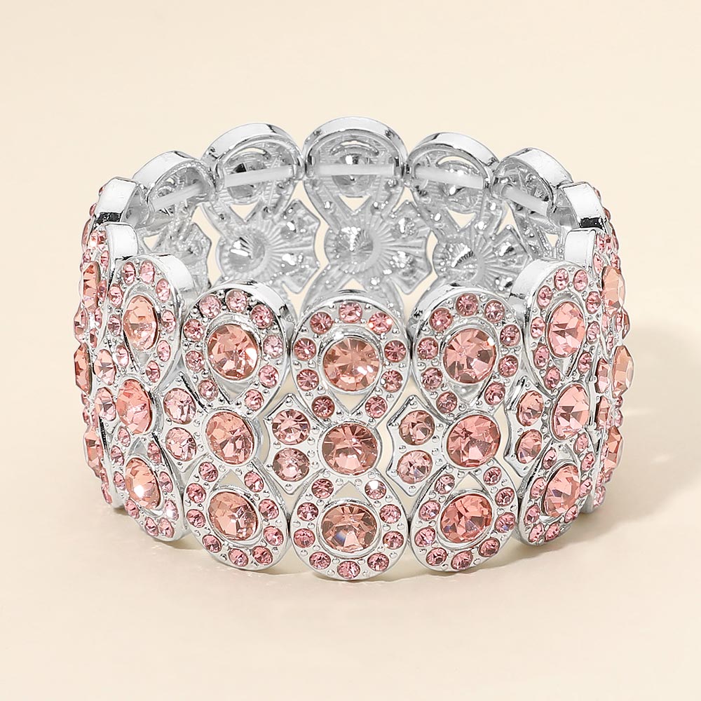 Madeline Love Pink, Silver Rhinestone Embellished Wide Stretch Evening Bracelet