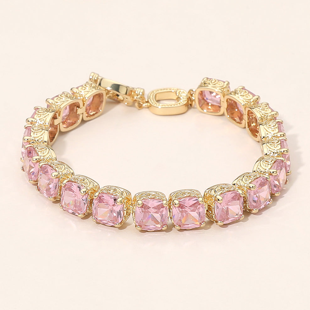 Madeline Love Gold, Pink Square CZ Link Tennis Toggle Bracelet