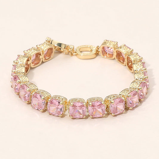 Madeline Love Gold, Pink Square CZ Link Tennis Toggle Bracelet