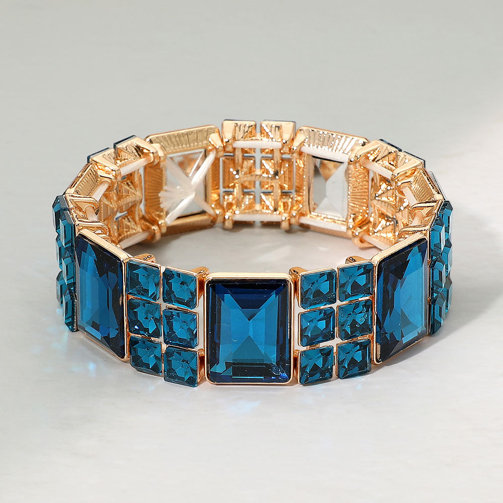 Madeline Love Blue, Gold Rectangular Gem Beaded Stretch Evening Bracelet