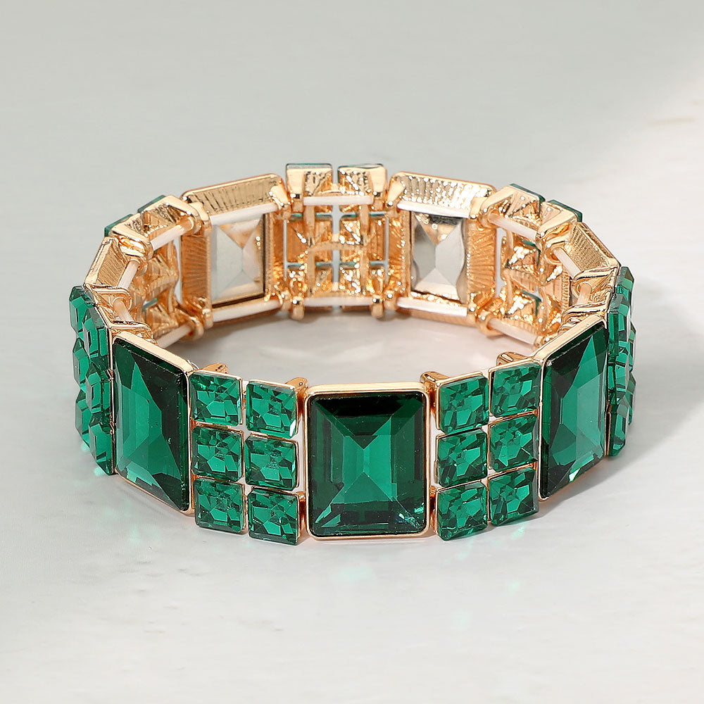 Madeline Love Gold, Green Rectangular Gem Beaded Stretch Evening Bracelet