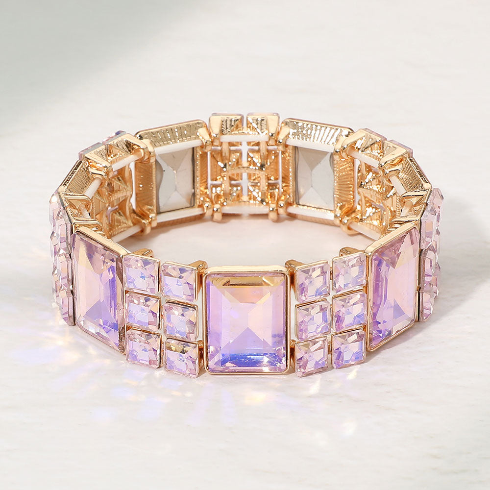 Madeline Love Gold, Pink Rectangular Gem Beaded Stretch Evening Bracelet