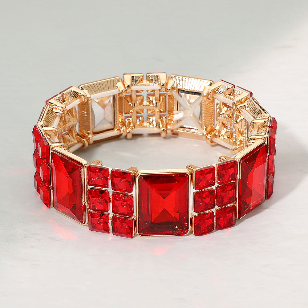 Madeline Love Gold, Red Rectangular Gem Beaded Stretch Evening Bracelet