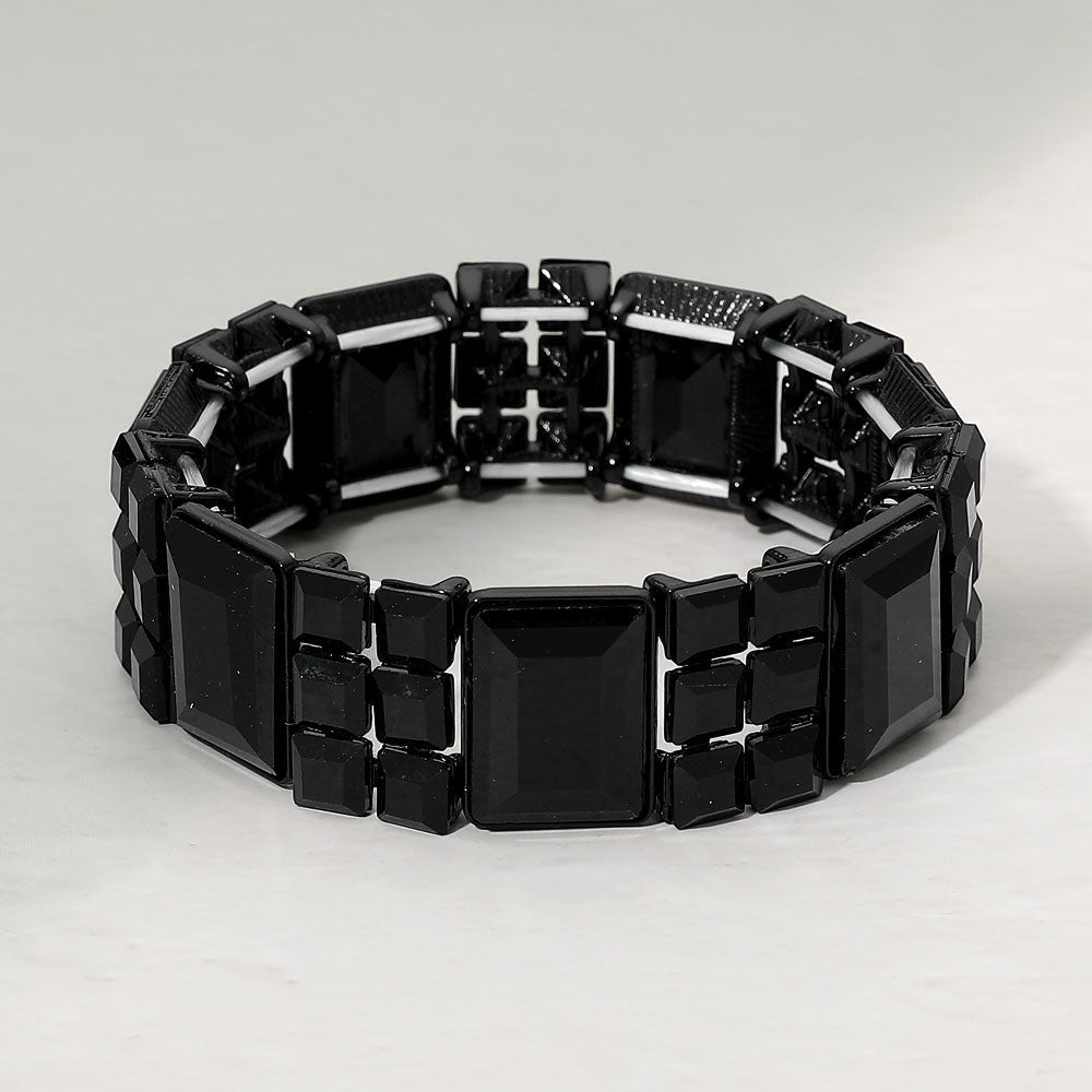 Madeline Love Jet Black Rectangular Gem Beaded Stretch Evening Bracelet