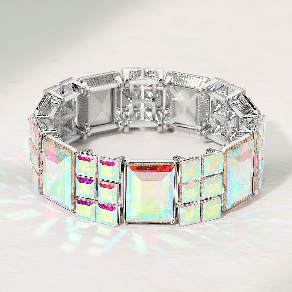 Madeline Love AB, Silver Rectangular Gem Beaded Stretch Evening Bracelet