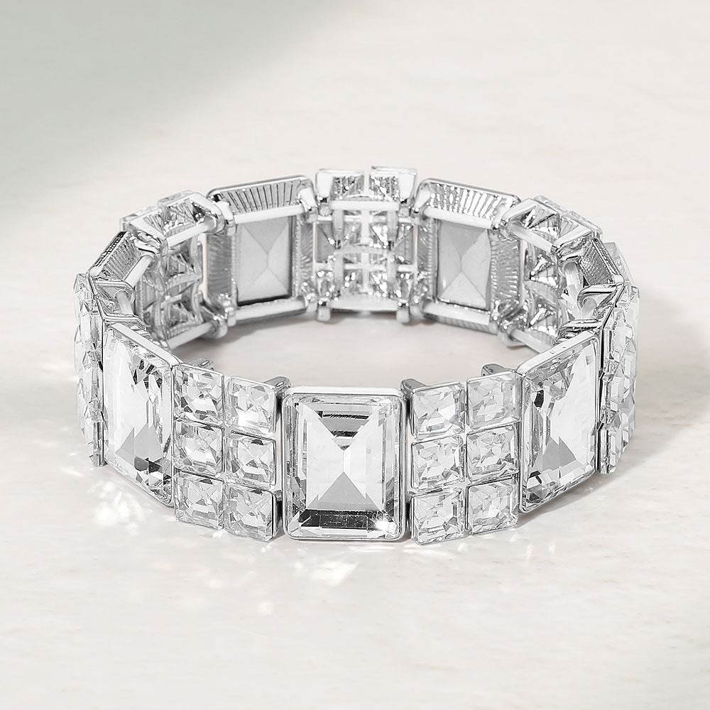Madeline Love Clear, Silver Rectangular Gem Beaded Stretch Evening Bracelet