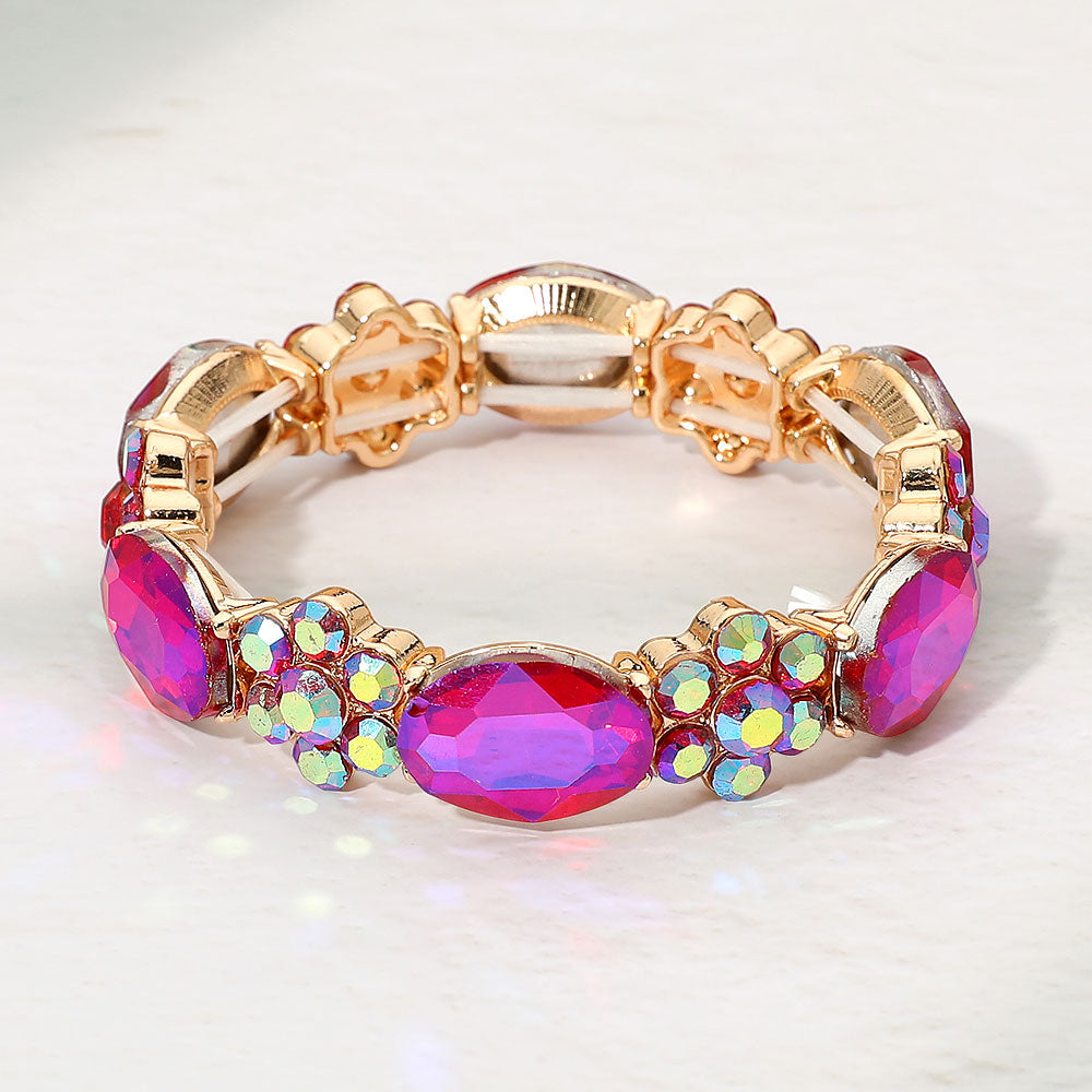 Madeline Love Fuchsia, Gold Oval Gem Floral Beaded Stretch Evening Bracelet