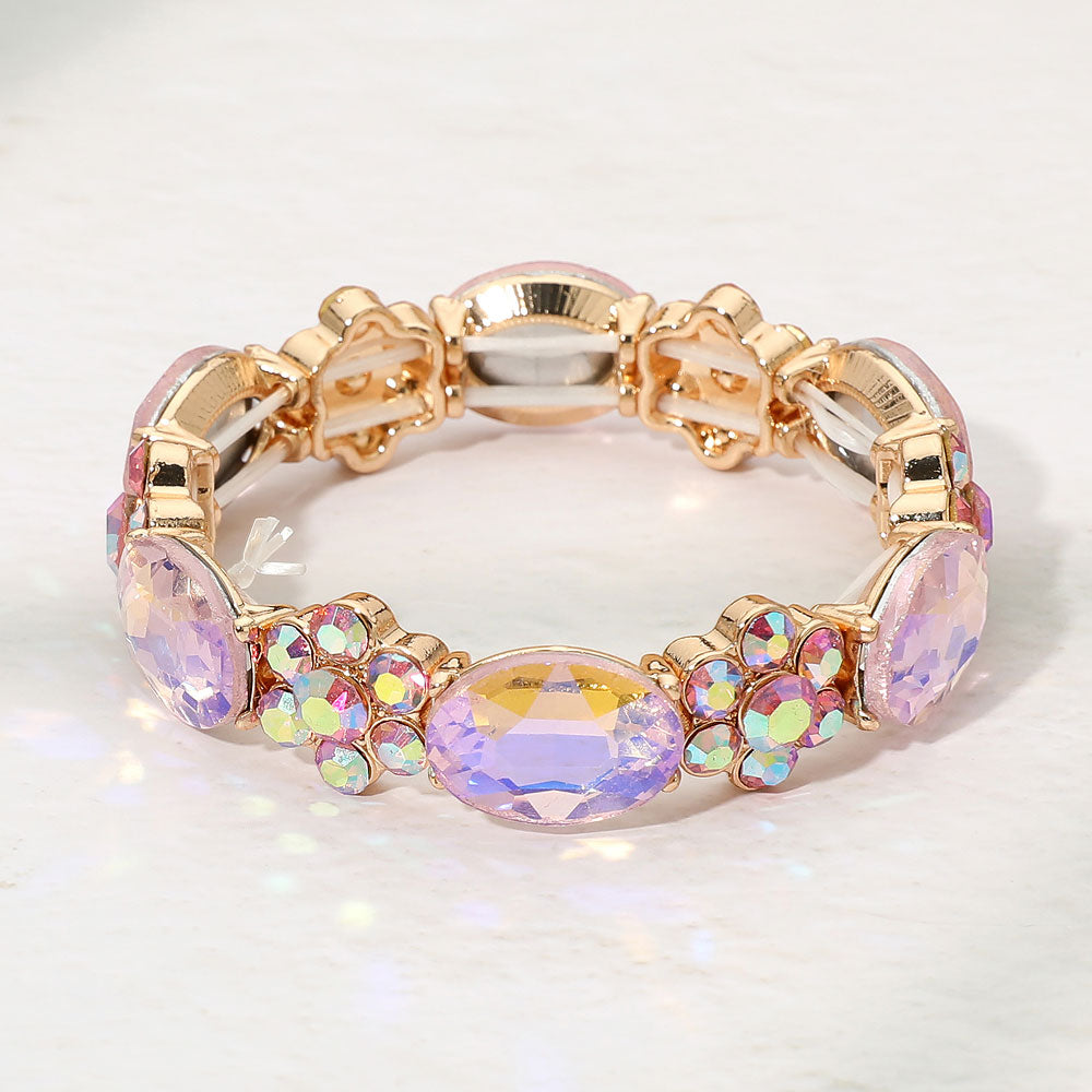 Madeline Love Gold, Pink Oval Gem Floral Beaded Stretch Evening Bracelet