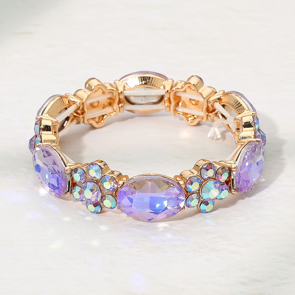 Madeline Love Gold, Purple Oval Gem Floral Beaded Stretch Evening Bracelet