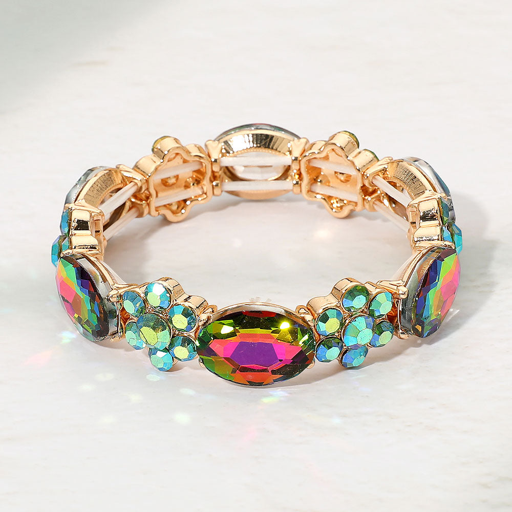 Madeline Love Gold, Vitrail Medium Oval Gem Floral Beaded Stretch Evening Bracelet