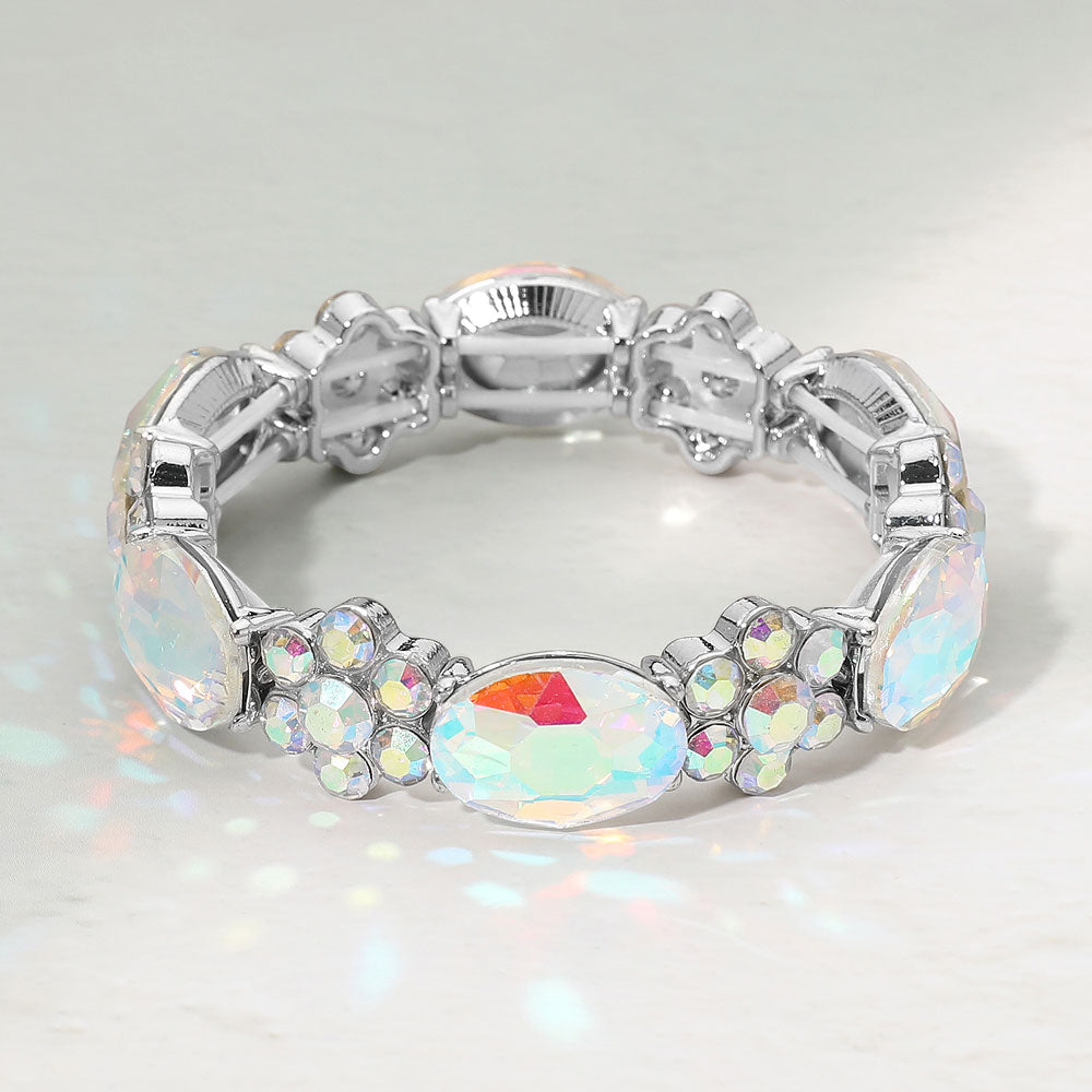Madeline Love AB, Silver Oval Gem Floral Beaded Stretch Evening Bracelet