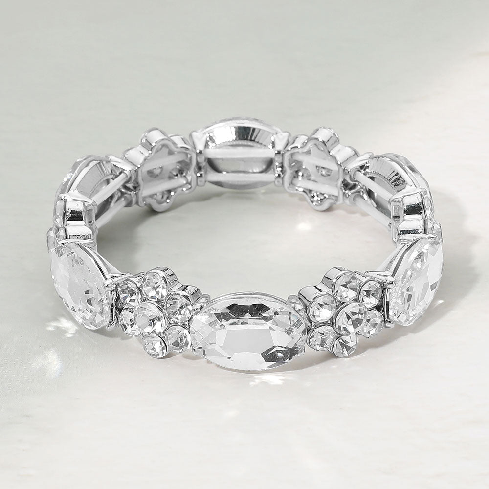 Madeline Love Clear, Silver Oval Gem Floral Beaded Stretch Evening Bracelet
