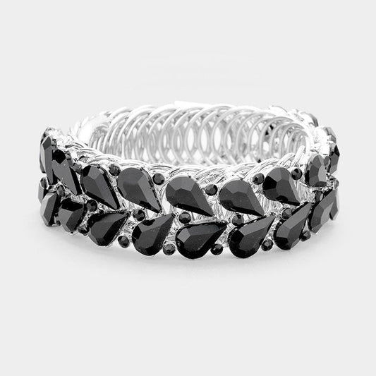 Madeline Love Black, Rhodium Crystal Teardrop Cluster Adjustable Evening Bracelet - Bracelets