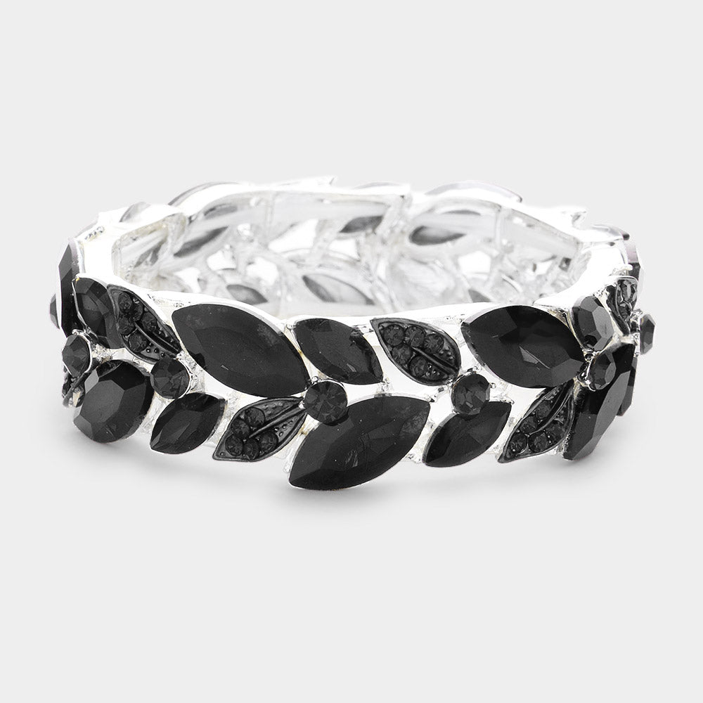 Madeline Love Black Leaf Accented Marquise Stone Stretch Evening Bracelet - Bracelets