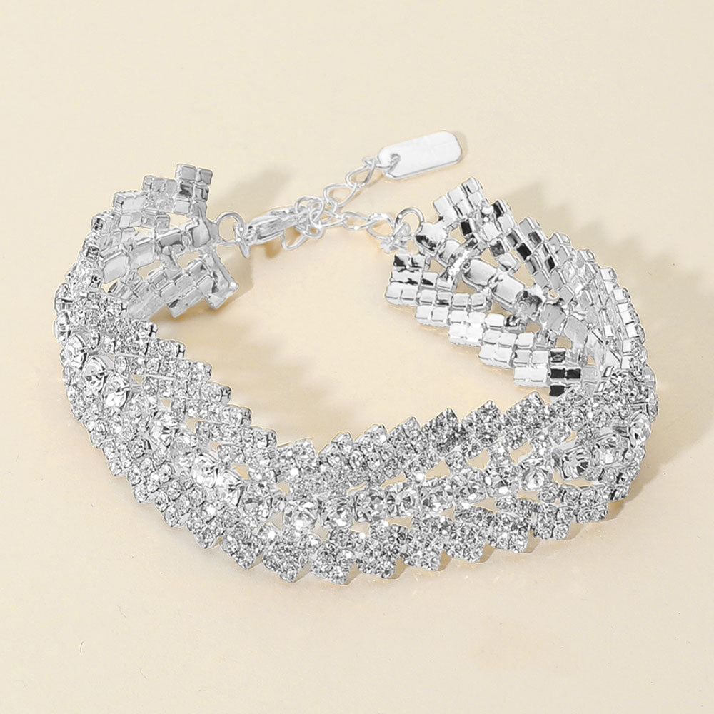 Madeline Love Clear, Silver Multi Row Rhinestone Evening Bracelet - Bracelets