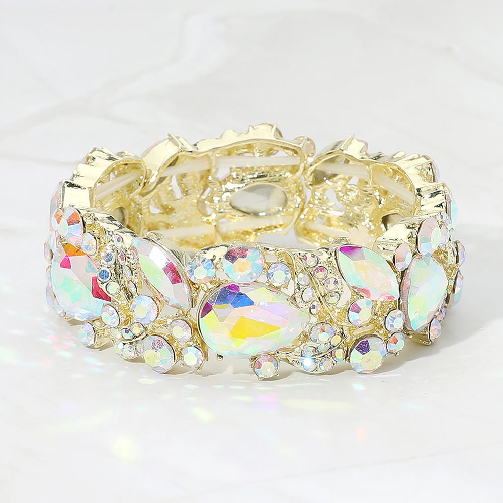Madeline Love AB, Gold Teardrop Gem Cluster Swirl Accent Beaded Stretch Evening Bracelet