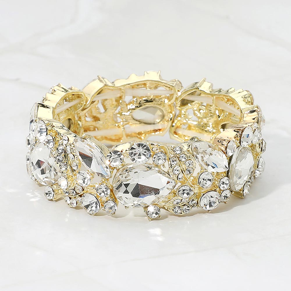 Madeline Love Clear, Gold Teardrop Gem Cluster Swirl Accent Beaded Stretch Evening Bracelet