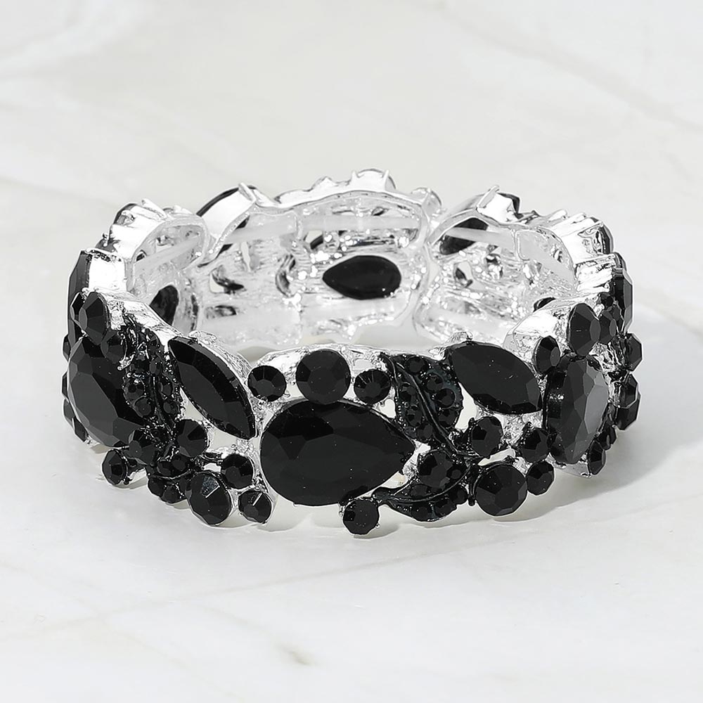 Madeline Love Black, Silver Teardrop Gem Cluster Swirl Accent Beaded Stretch Evening Bracelet