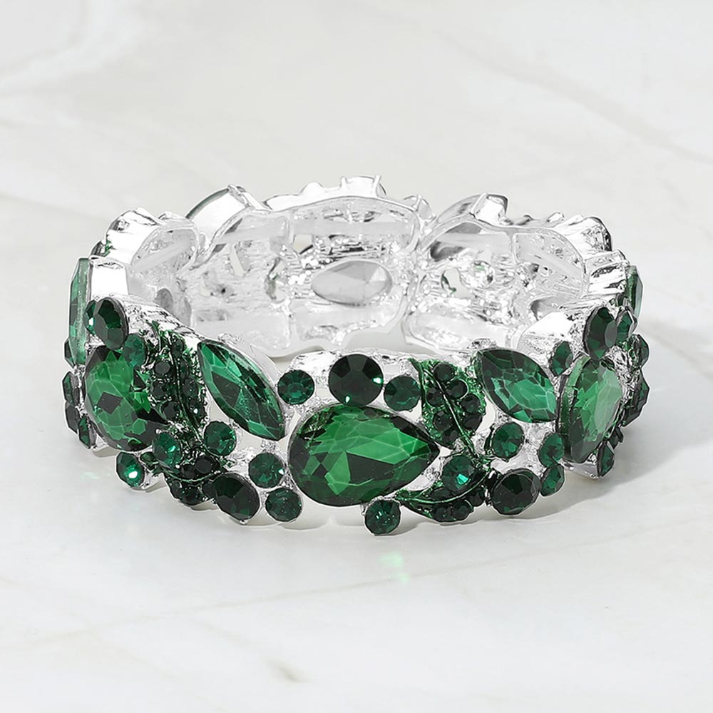 Madeline Love Emerald, Silver Teardrop Gem Cluster Swirl Accent Beaded Stretch Evening Bracelet
