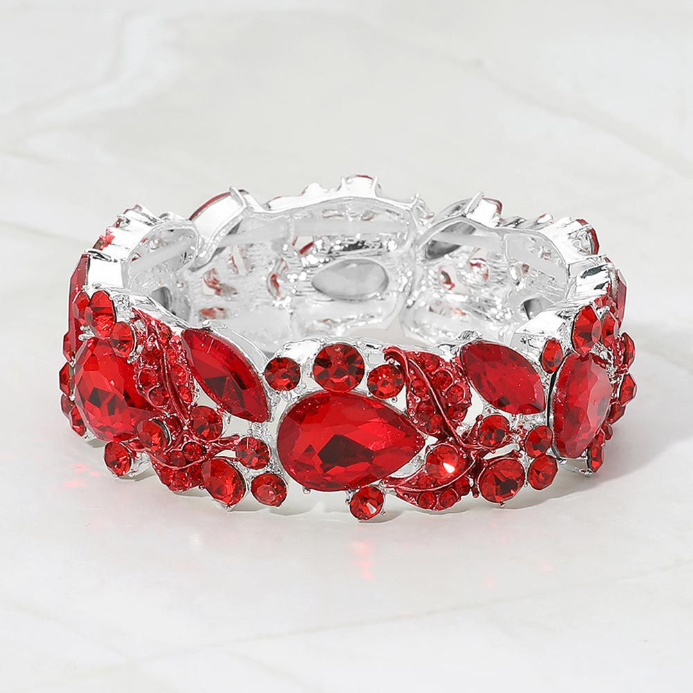 Madeline Love Red, Silver Teardrop Gem Cluster Swirl Accent Beaded Stretch Evening Bracelet