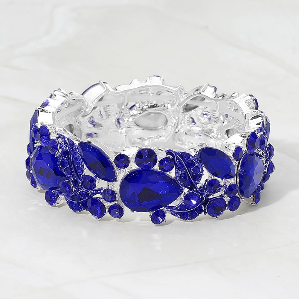 Madeline Love Sapphire, Silver Teardrop Gem Cluster Swirl Accent Beaded Stretch Evening Bracelet