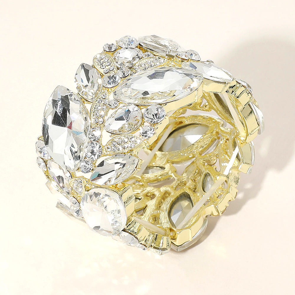 Madeline Love Clear, Gold Marquise Stone Cluster Embellished Stretch Bracelet - Bracelets