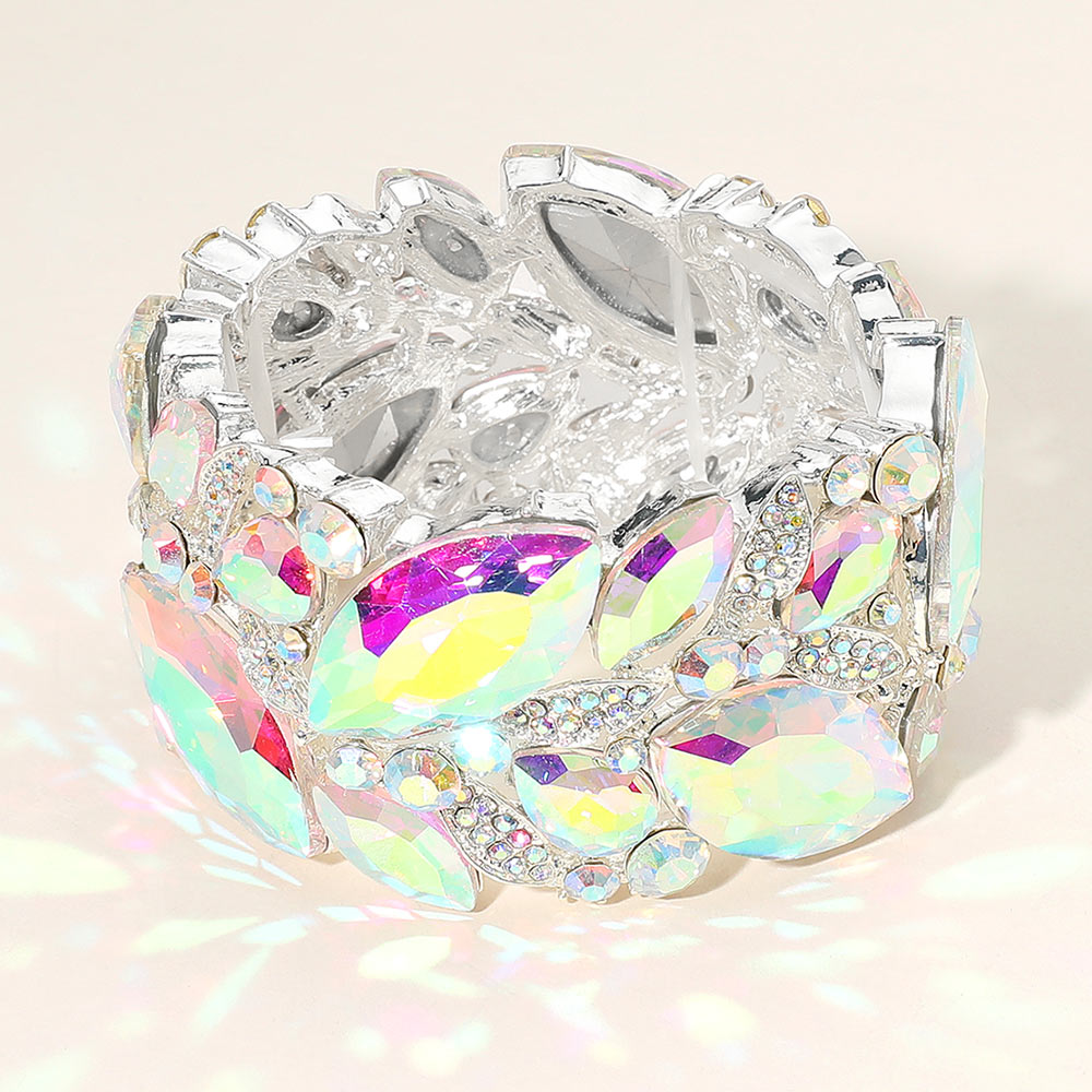 Madeline Love AB, Silver Marquise Stone Cluster Embellished Stretch Bracelet - Bracelets