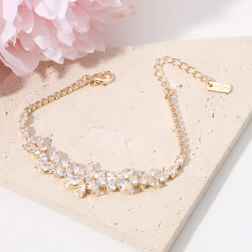 Madeline Love Clear, Gold Marquise Round CZ Stone Cluster Flower Evening Bracelet